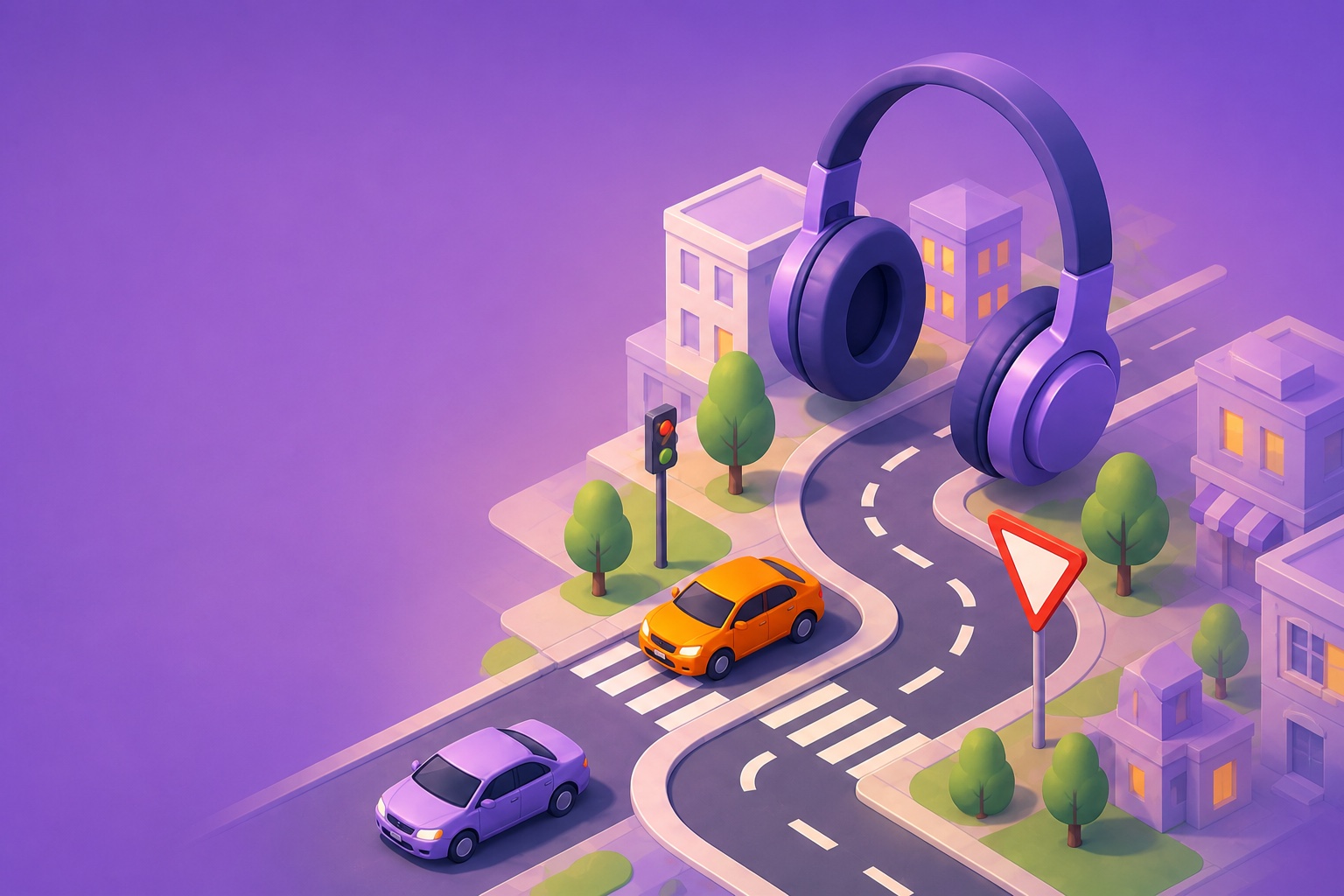 Illustrazione di cuffie sopra una strada urbana, simbolo del corso audio